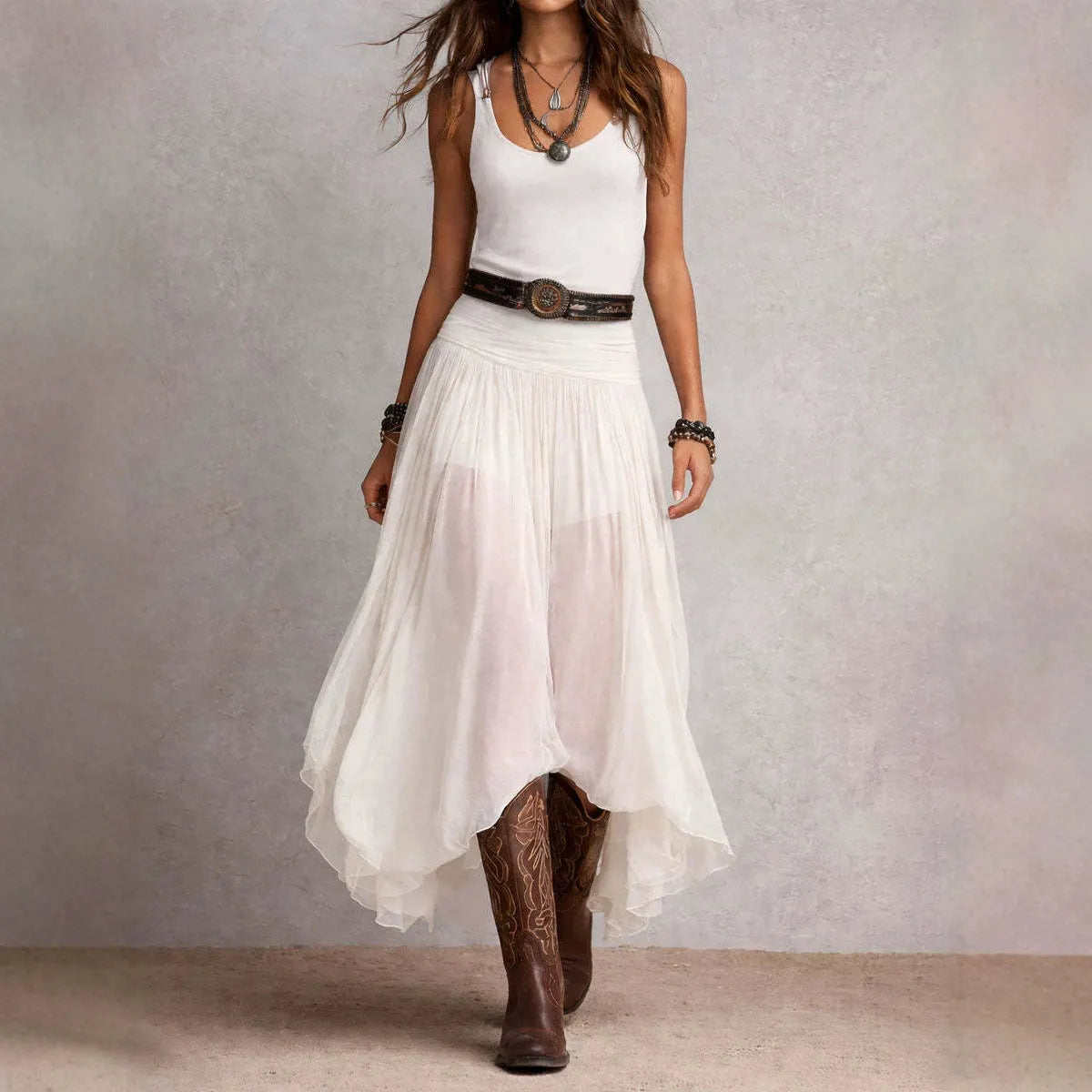 Solid Sleeveless Low Neck Mid Waist Mesh Spliced Irregular A-Line Maxi Dress