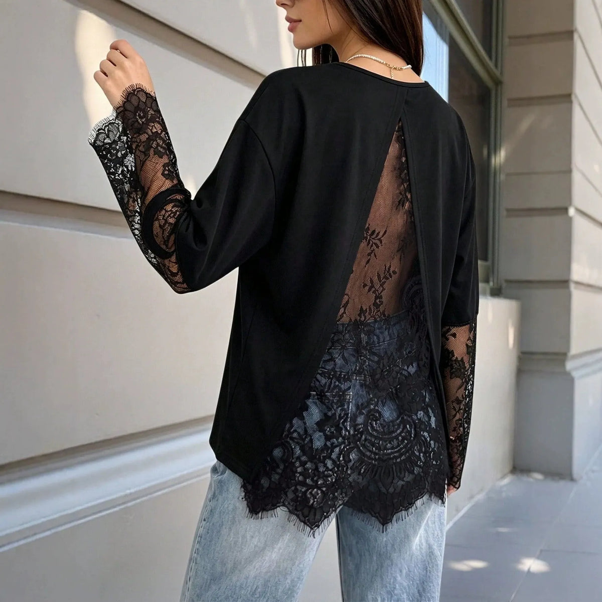Black Long Sleeve Top With Floral Lace Sleeves & Open Lace Back | Split Back Contrast Lace Blouse