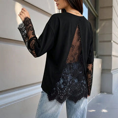 Black Long Sleeve Top With Floral Lace Sleeves & Open Lace Back | Split Back Contrast Lace Blouse