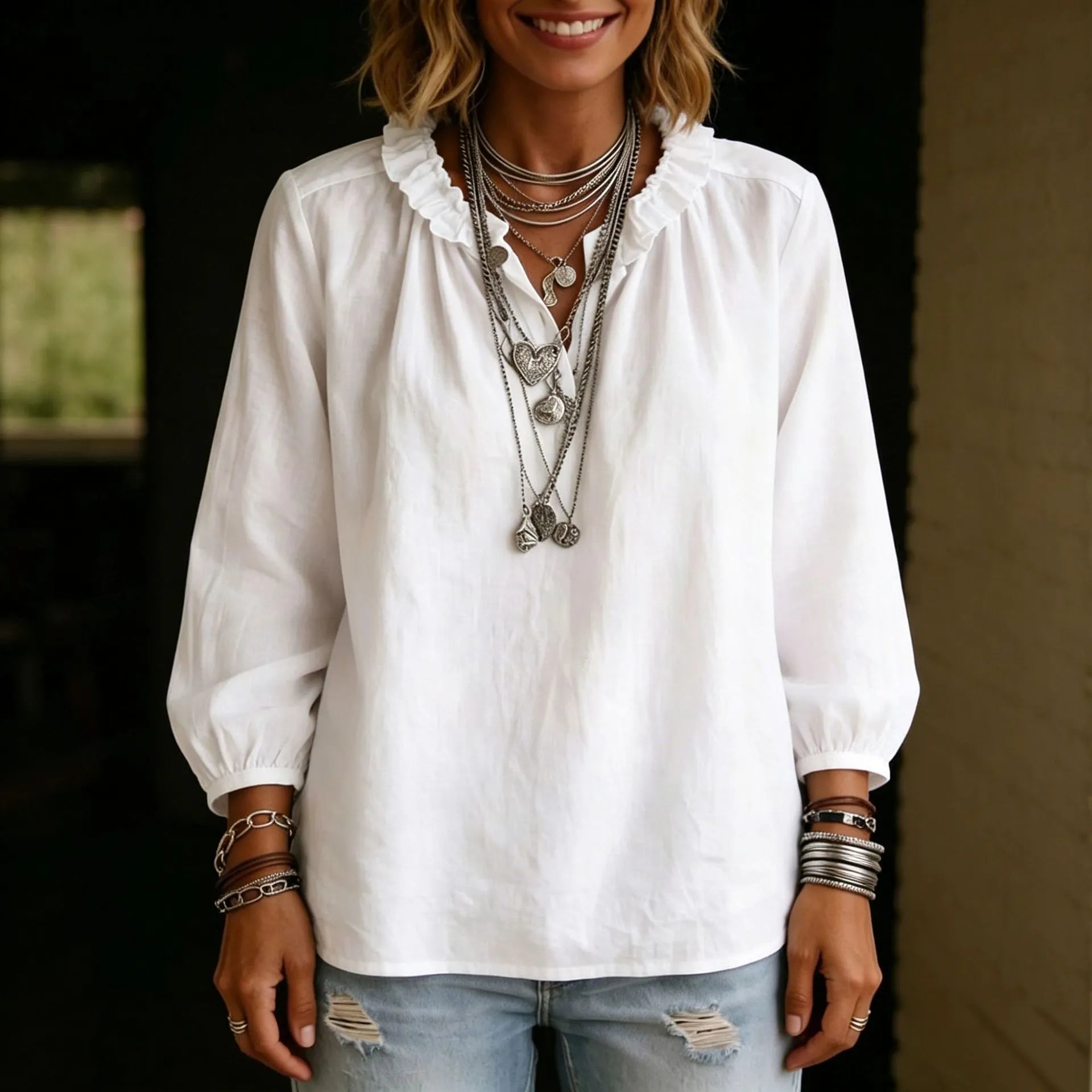 Ruffle Stand Collar Half Button Puff Three-Quarter Sleeve Solid Polyester Blouse