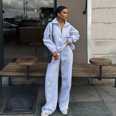 Half Zip Collar Oversized Sweatshirt & Wide Leg Sweatpants 2 Piece Loungewear Set