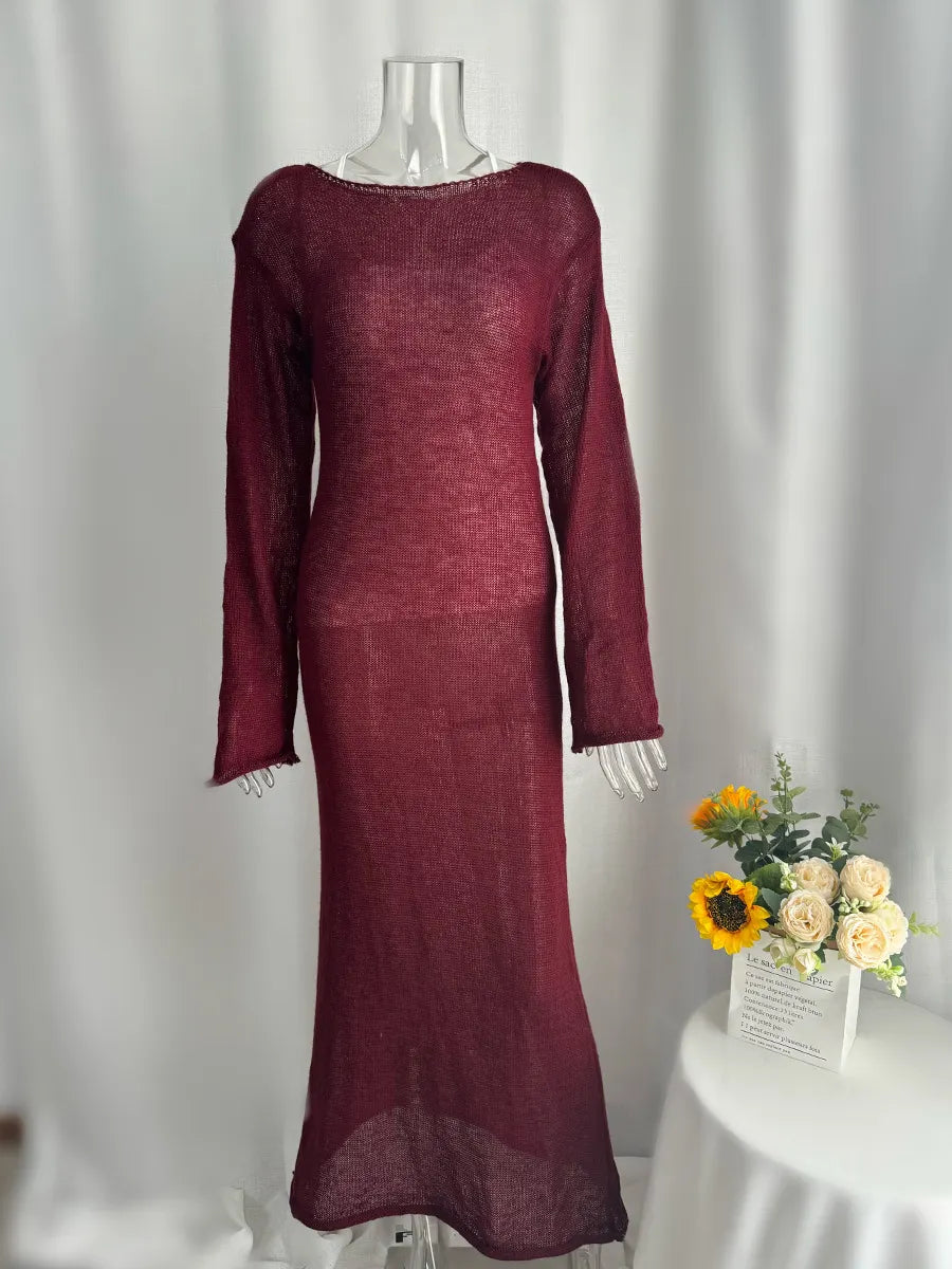 Light Pink Semi Sheer Knit Dress, Ladies Crew Neck Flared Sleeve Elegant Long Knit Midi Dress