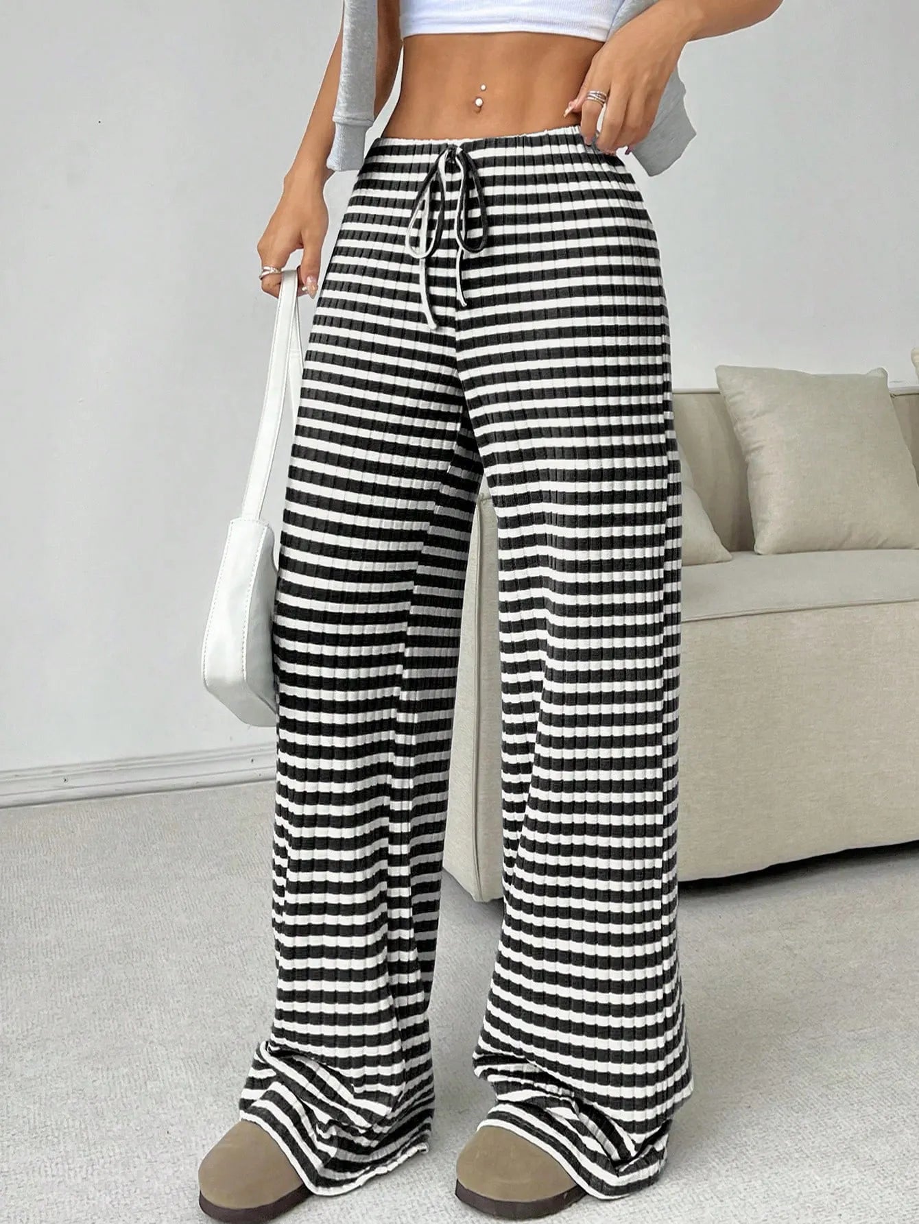 Striped Drawstring Waist Loose Straight Leg Casual Pants