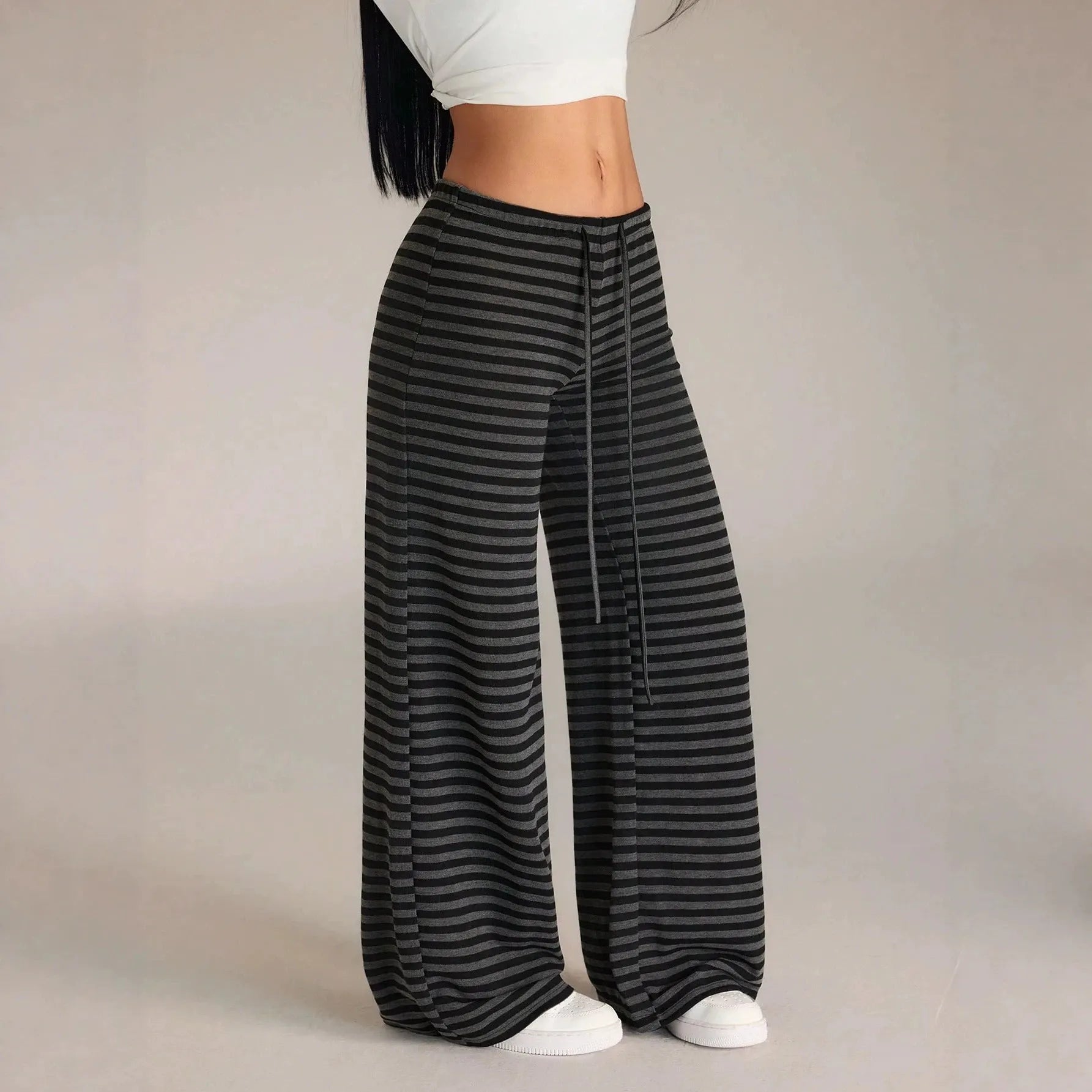 Striped Drawstring Wide Leg Casual Pants
