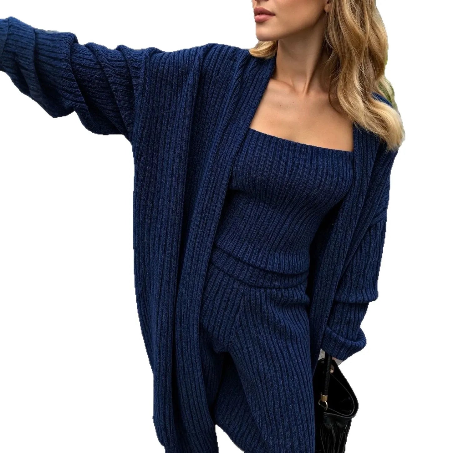 Casual Knit 3 Piece Matching Set, Heather Grey Long Duster Cardigan Cami And Wide Leg Pants Outfit