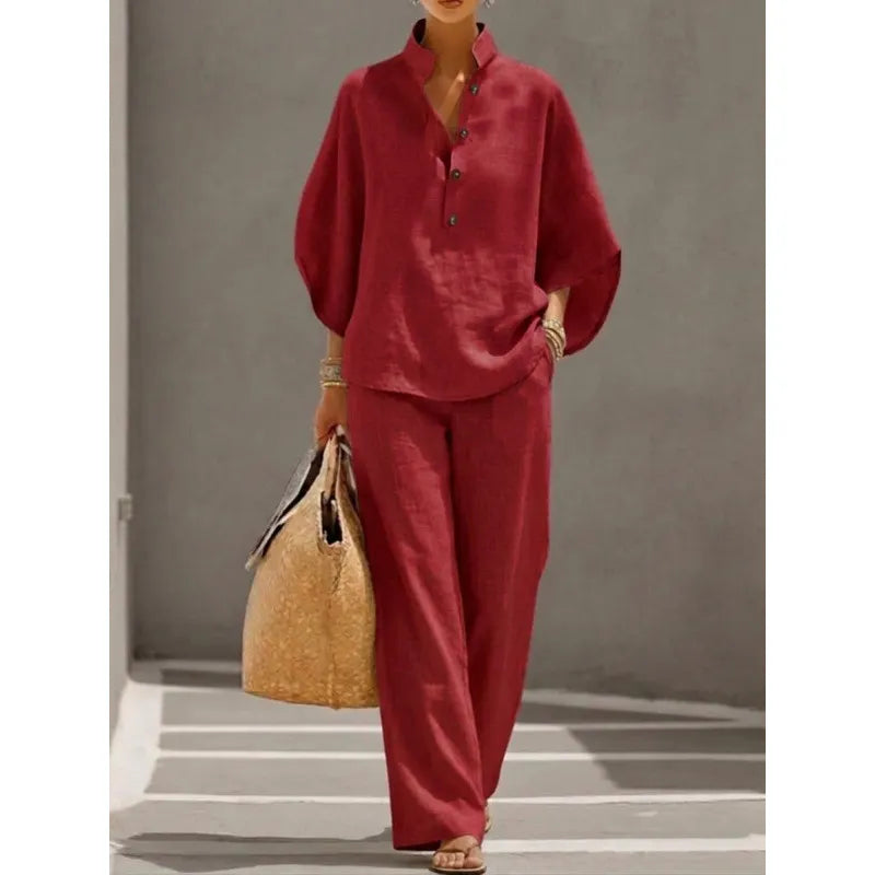 Solid Color Casual Two-Piece Shirt & Pants Set