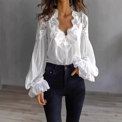 Solid Lace Trim V-Neck Blouse