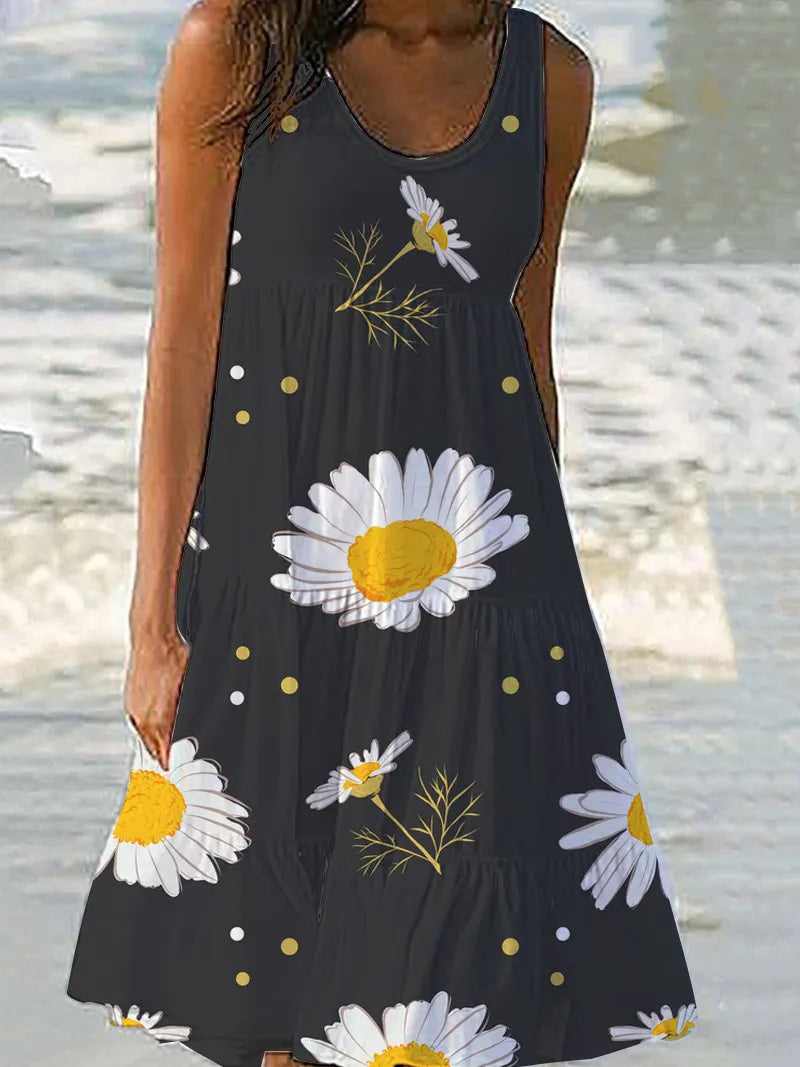 Floral Print Sleeveless Round Neck Tiered Midi Dress