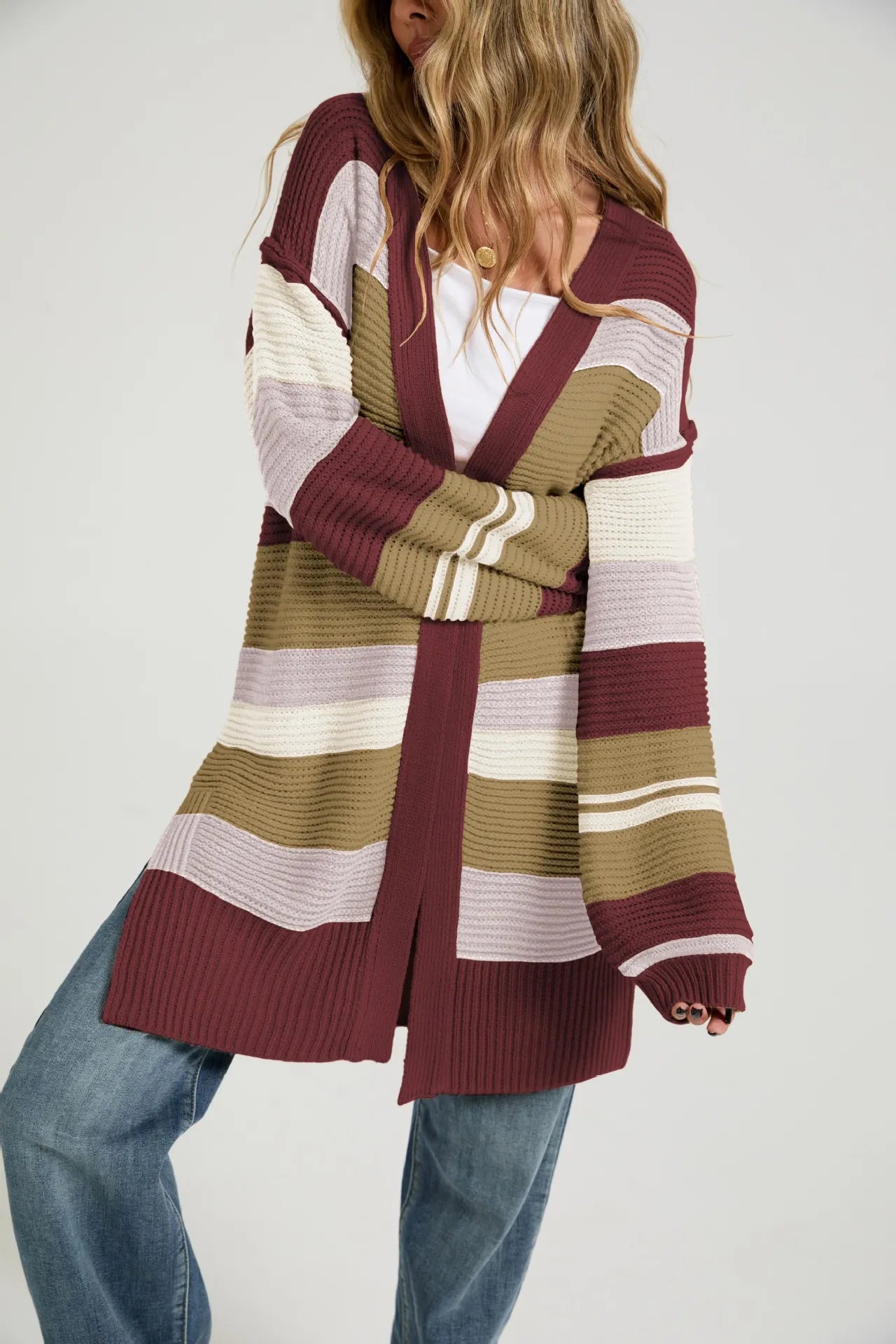Multi Color Striped Long Open Knit Cardigan Long Sleeve Thumbhole Casual Sweater Coat