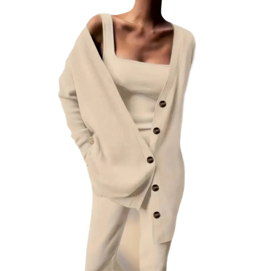 Beige Knit Cardigan, Cami Top & Wide-Leg Pants Set