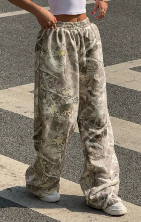 Camo Maple Leaf Print Wide Leg Pants Elastic Waist Loose Casual Trousers