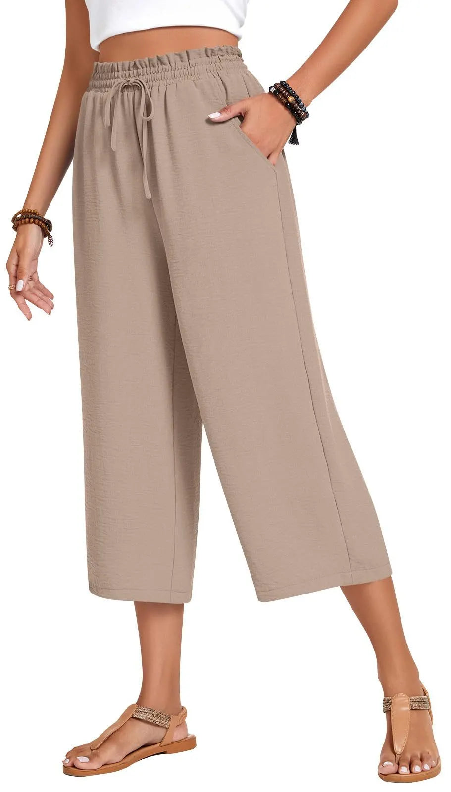 Matching Flowy Linen Look Floral Print Drawstring High Waist Loose Cropped Casual Daily Outfit Pants