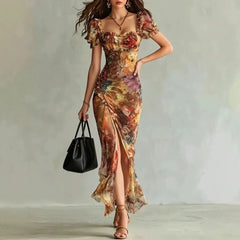 Square Neck Puff Sleeve Vintage Oil Painting Floral Print Ruched Split Mermaid Maxi Dress