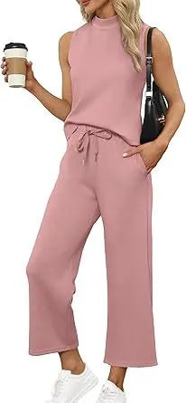 Sleeveless Mock Neck Top & Wide Leg Pants Casual Two-Piece Set