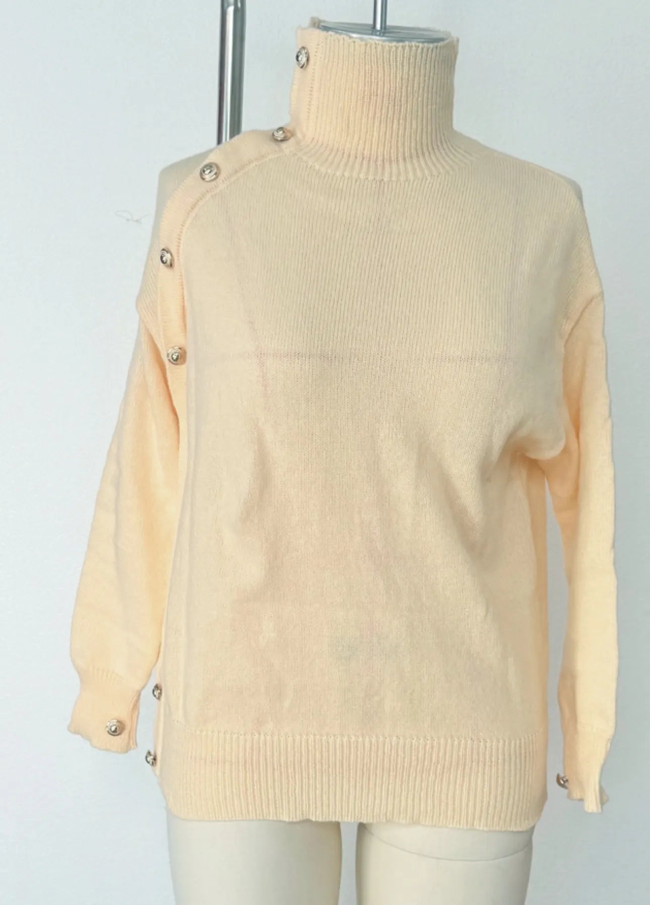 Chic Blue Turtleneck Knit Sweater, Statement Side Gold Buttons Casual Fall Winter Top
