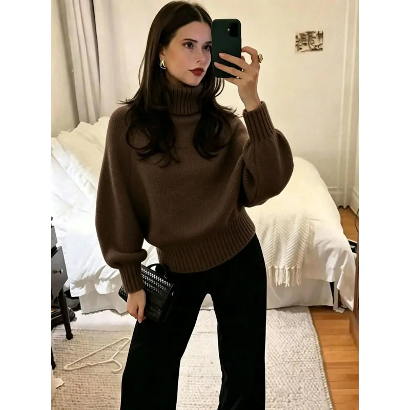 Oversized Chunky Knit Turtleneck Jumper Ladies Drop Shoulder Puff Sleeve Sweater, Long Sleeve / 5 Point Sleeve