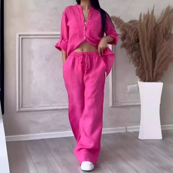 Green Linen-Blend Button-Down Shirt & Wide-Leg Pants Set