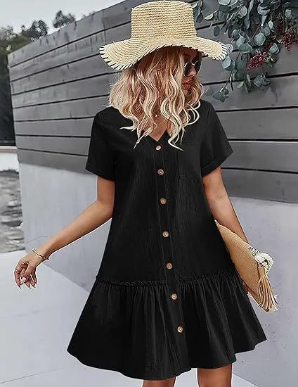 V Neck Short Sleeve Button Down Ruffle Hem Midi Dress