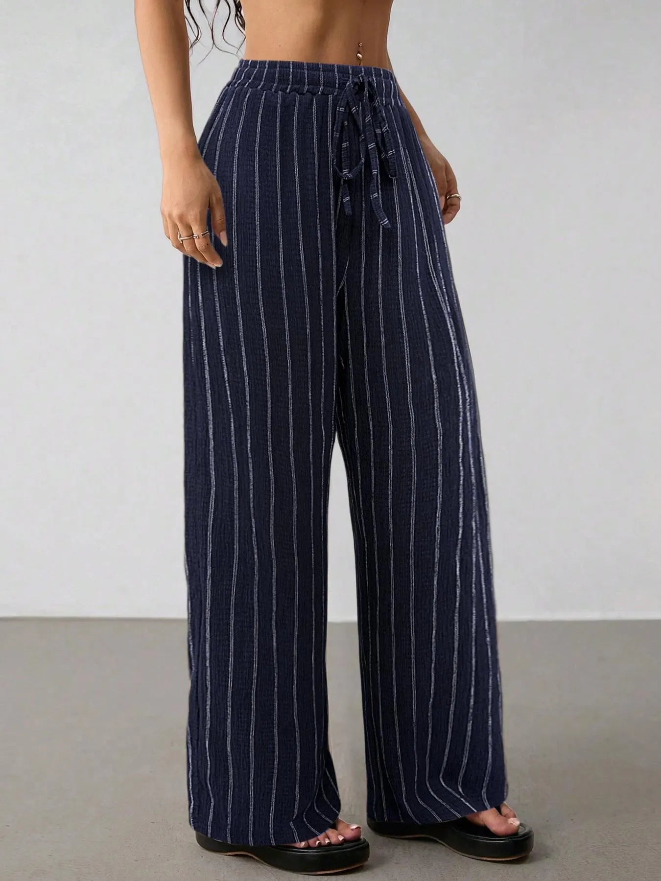 Vertical Striped Elastic Waist Wide Leg Pants