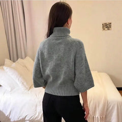 Oversized Chunky Knit Turtleneck Jumper Ladies Drop Shoulder Puff Sleeve Sweater, Long Sleeve / 5 Point Sleeve