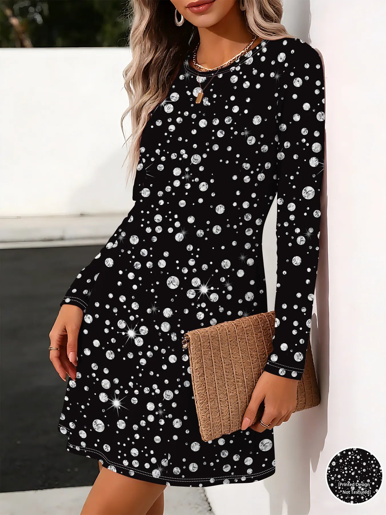 Holographic Star Print Round Neck Long Sleeve Midi Dress