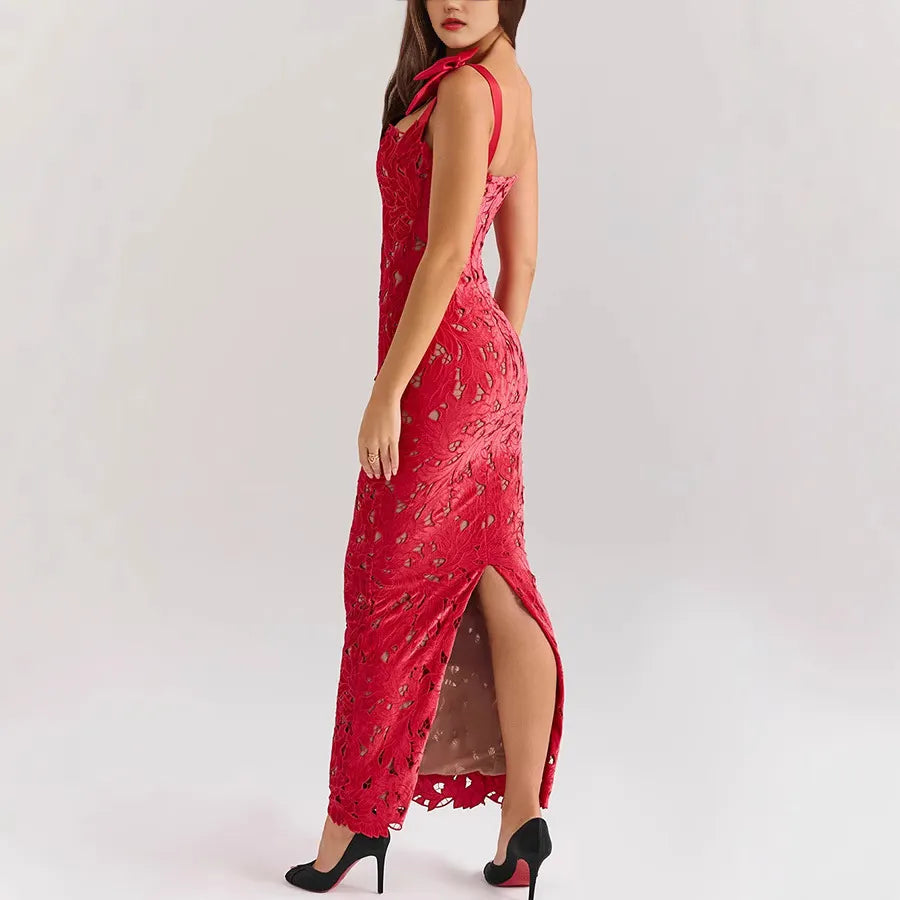 Lace Applique Bow Strap Bodycon Maxi Dress