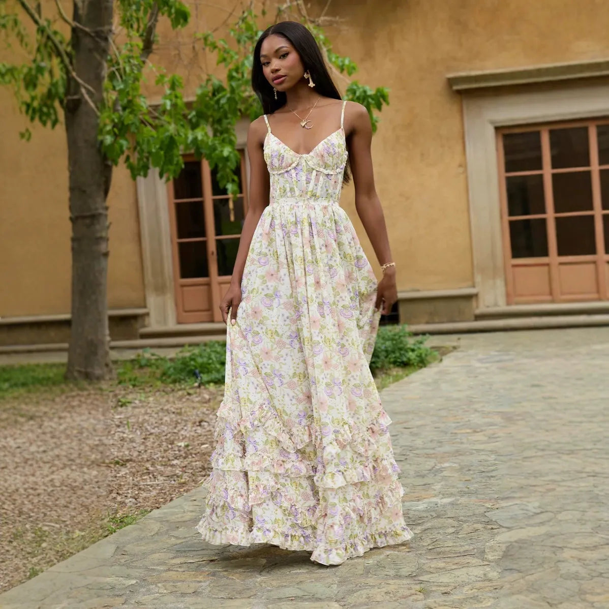 Corset Floral Print Maxi Dress