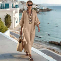 V Neck Seven-Quarter Sleeve Pocket Side Slit Loose Woven Maxi A-Line Dress