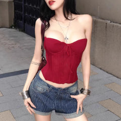Strapless Smocked Front Bow Mesh Corset Tube Top