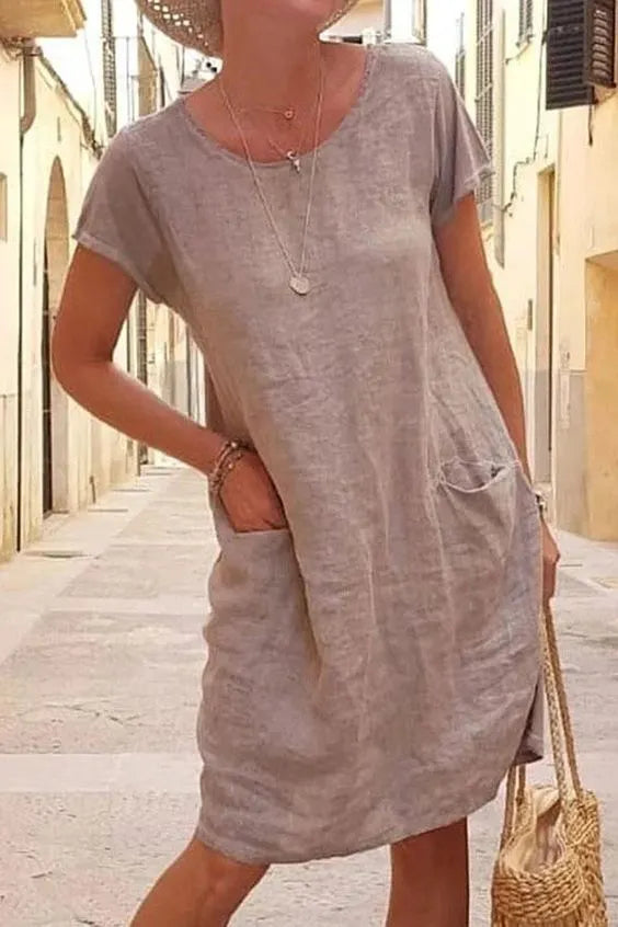 Solid Color Cotton Linen Short Sleeve Midi Dress,