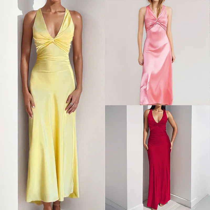 Twist-Front Satin Slip Midi Dress