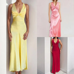 Twist-Front Satin Slip Midi Dress