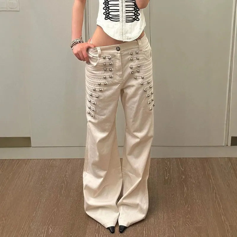 Y2K High Waist Cream Wide Leg Jeans, Metal Stud Decor Flare Denim Trousers