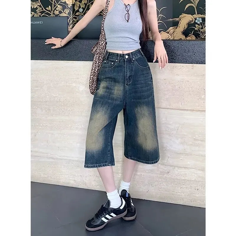 Vintage Mud Washed Gradient Cropped Wide Leg Jeans