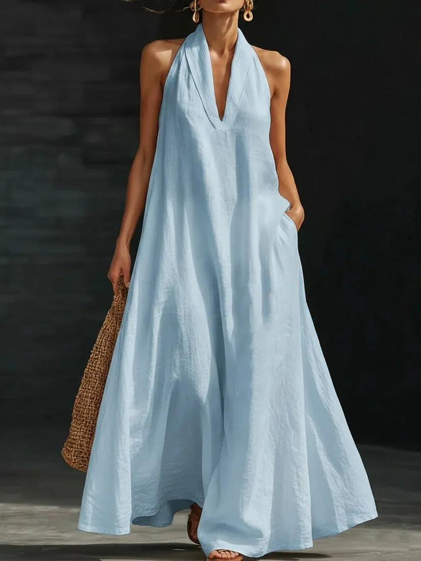 Solid Color Halter Neck A-Line Maxi Dress