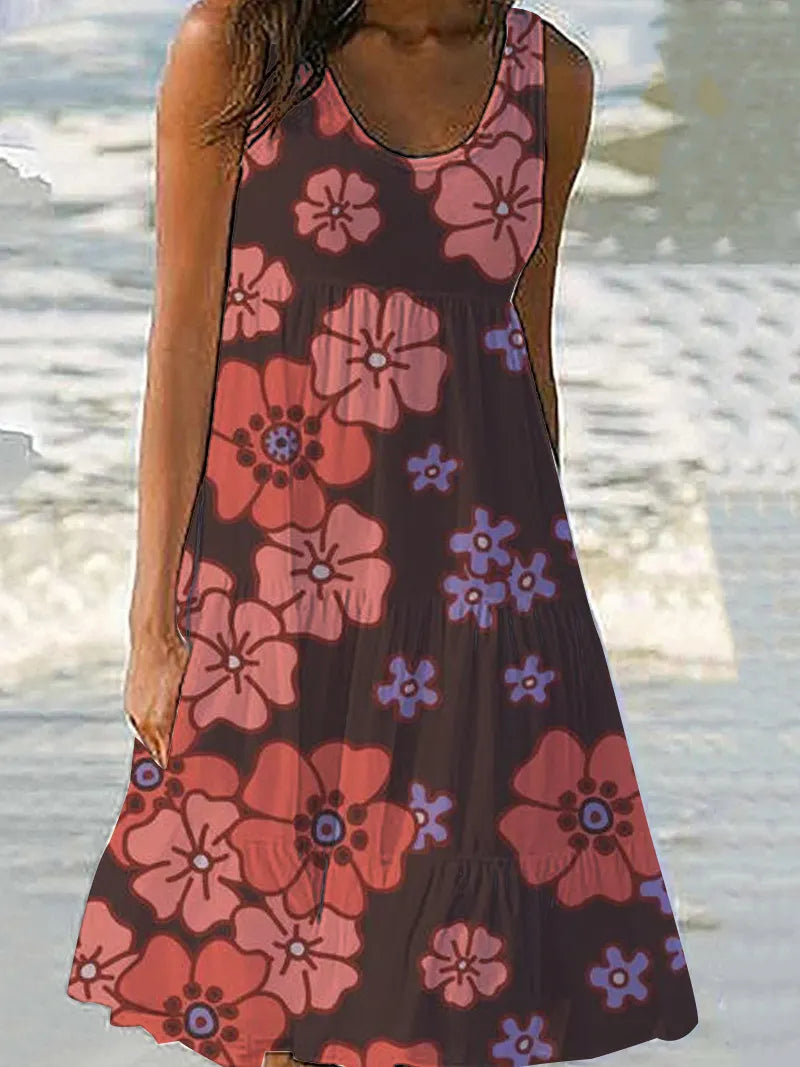 Floral Print Sleeveless Round Neck Tiered Midi Dress