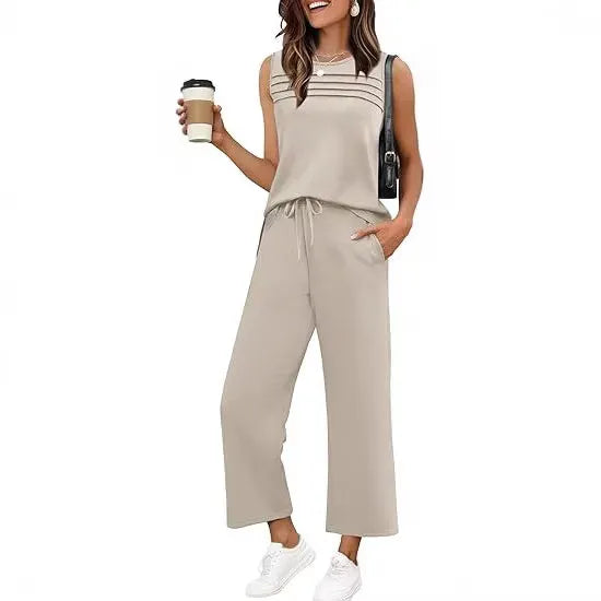 Solid Sleeveless Striped Detail Tank Top & Drawstring Cropped Pants