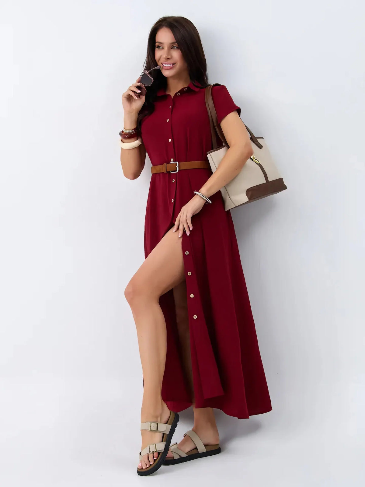 Lapel Single Breasted Short Sleeve Solid A-Line Maxi Shirt Dress