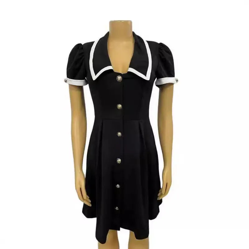Contrast Collar Button Front Short Sleeve A-Line Mini Dress