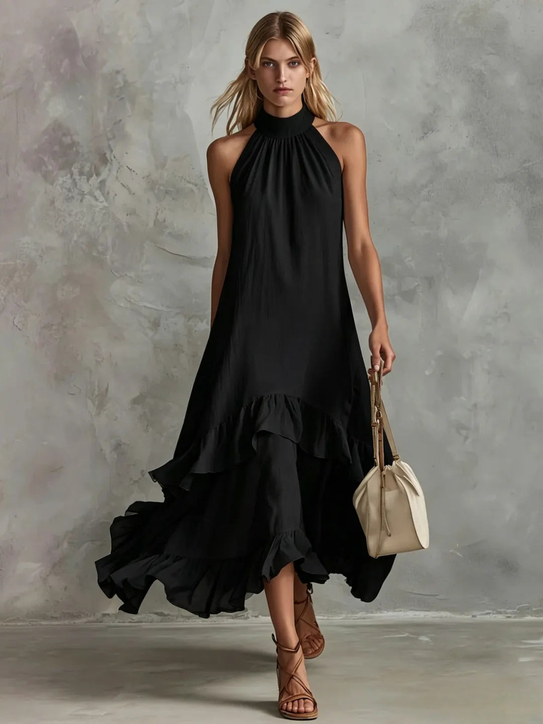 Halter Neck Tiered Ruffle Flowy Midi Chiffon Dress