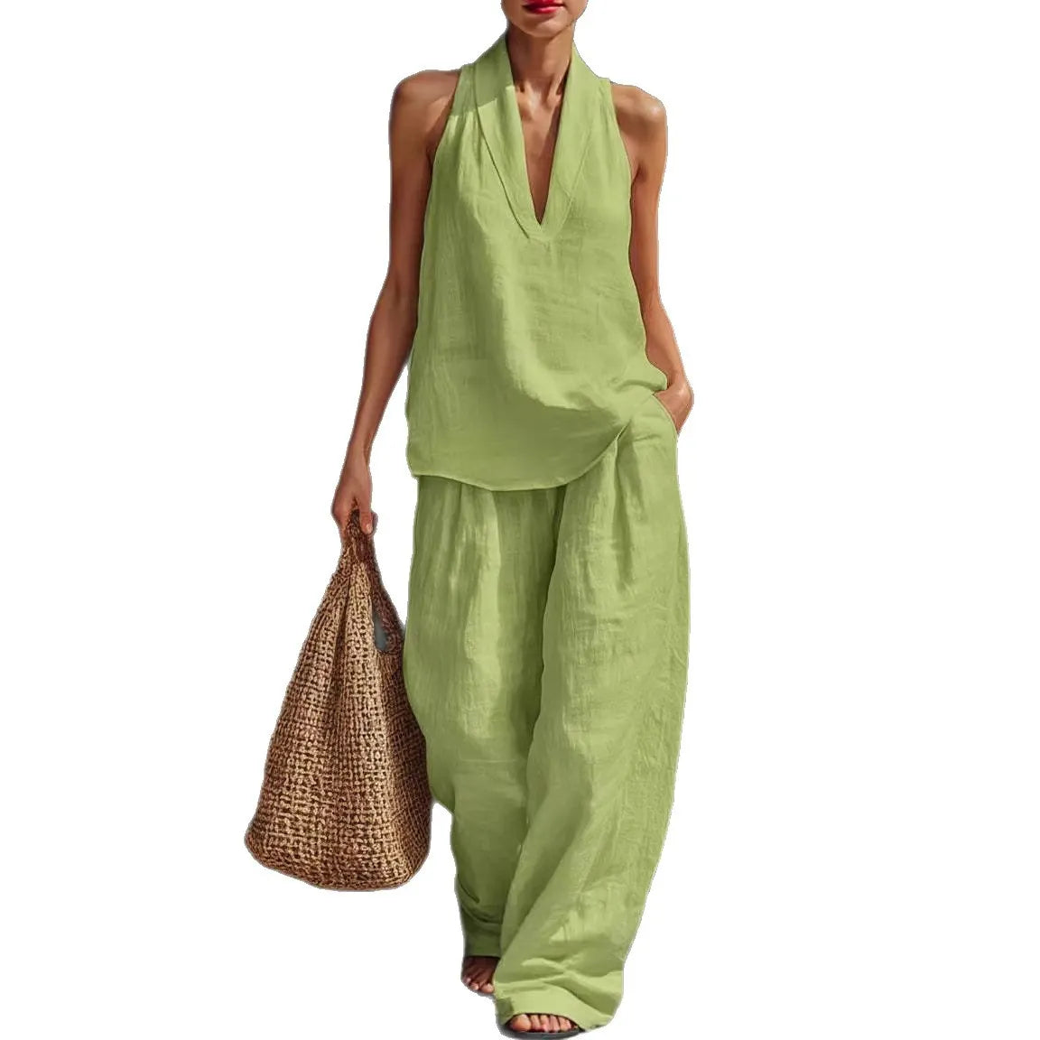 Halter Sleeveless Top & Wide Leg Pants Two Piece Casual Set