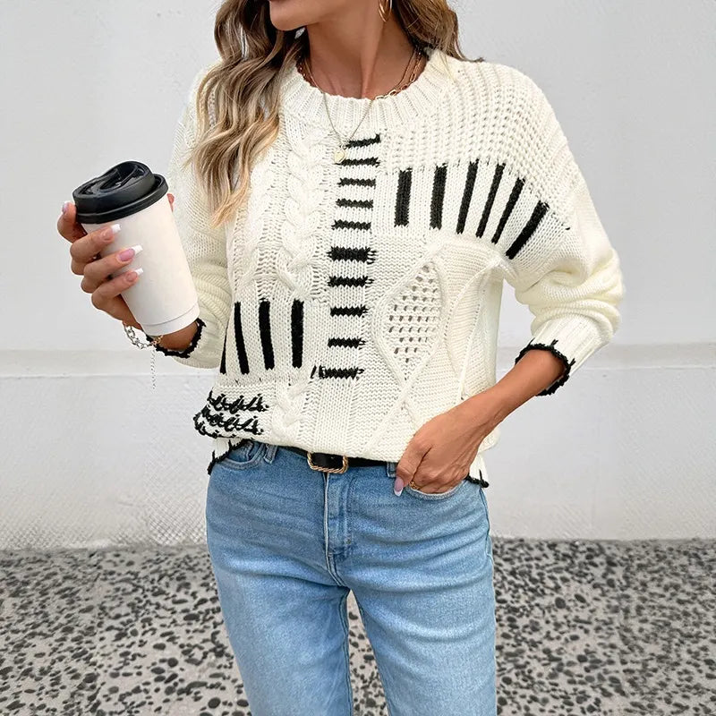 Contrast Cable Knit Round Neck Pullover Sweater