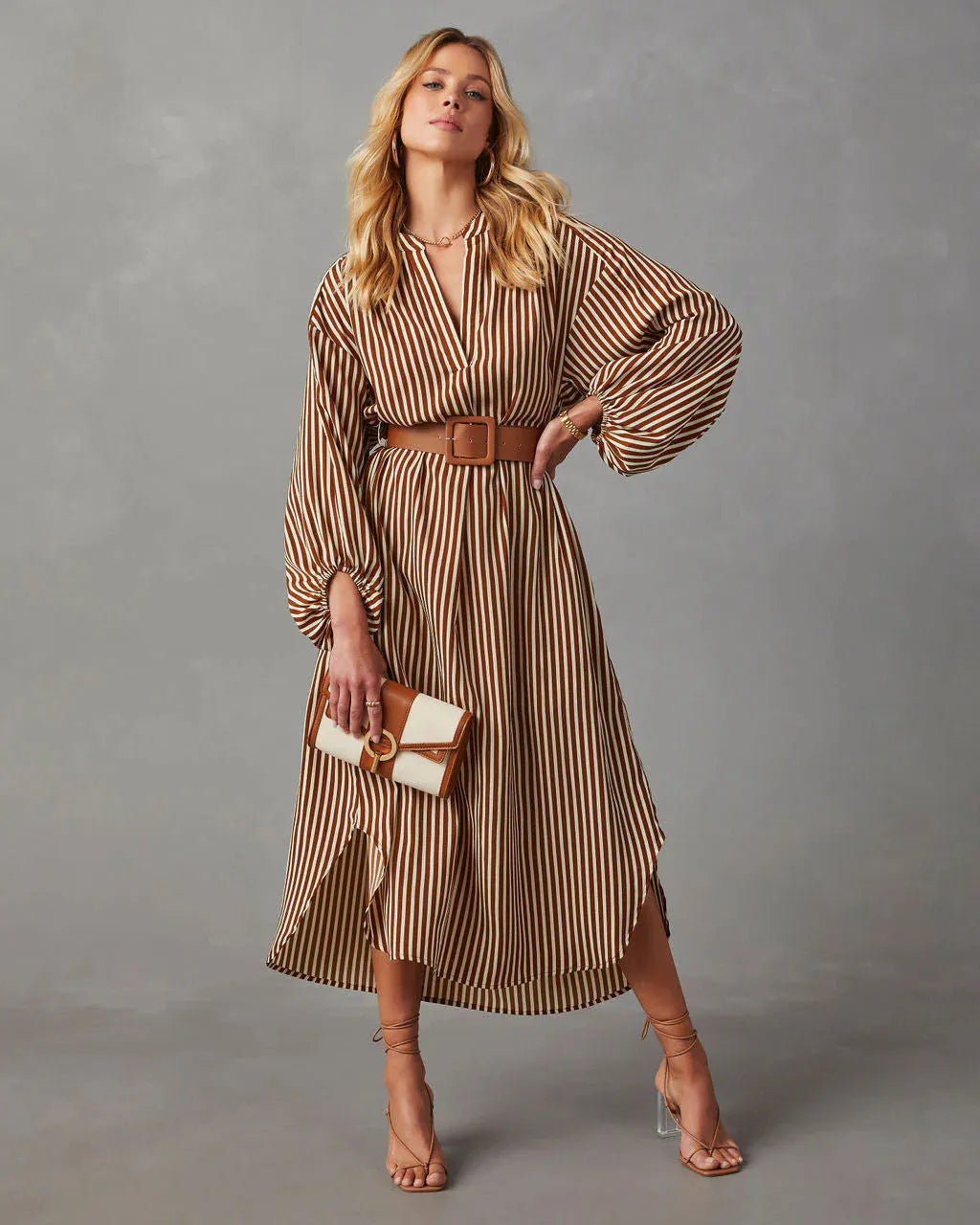 Stripe Balloon Sleeve Midi Shirt Dress With Belt