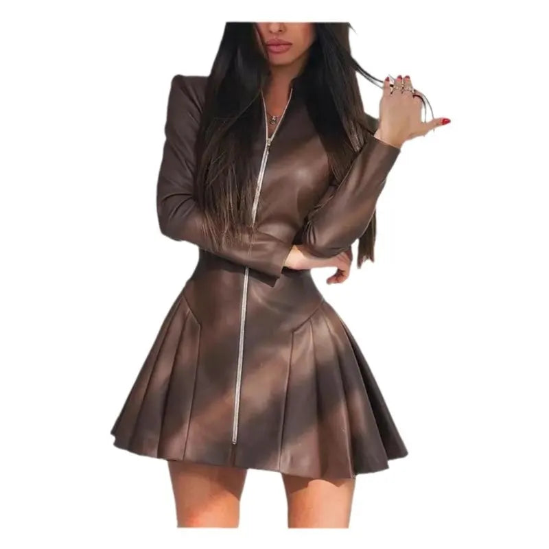 Stand Collar A-Line Pleated Mini Dress