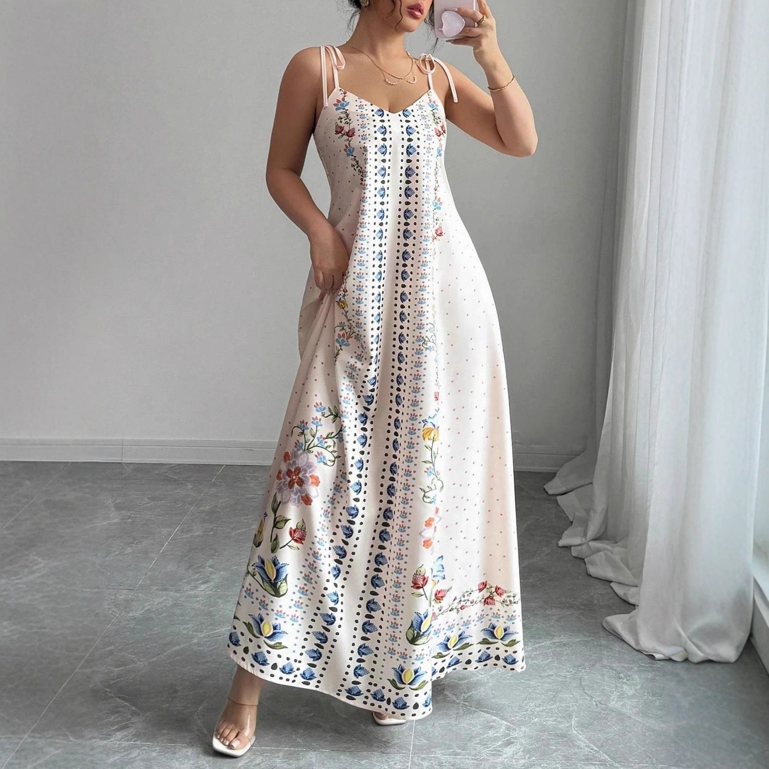 White Floral Print Tie Shoulder Maxi Dress