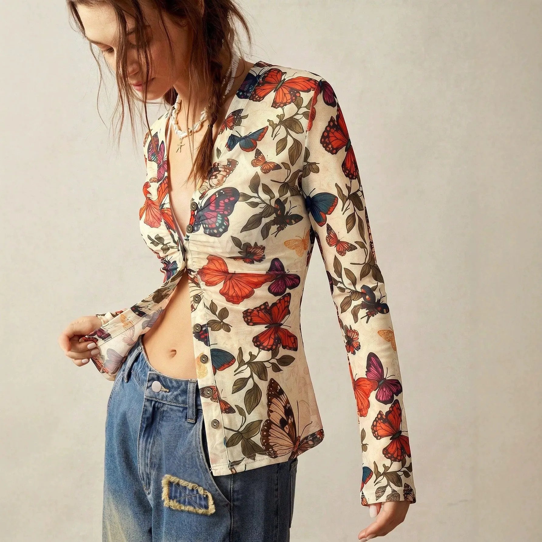 Bohemian Butterfly Printed Long Sleeve Shirt, Y2K Slim V Neck Casual Blouse