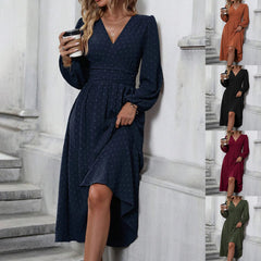 Deep V Neck Swiss Dot Midi Dress, Long Puff Sleeve Empire Waist Chiffon Party Dress