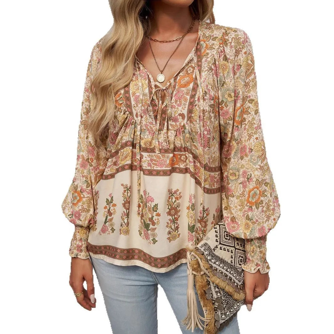 Boho Floral V-Neck Long Sleeve Loose Blouse