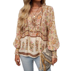 Boho Floral V-Neck Long Sleeve Loose Blouse