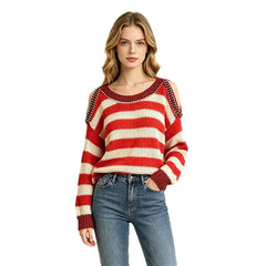 Striped Cold Shoulder Beaded Knit Pullover Sweater